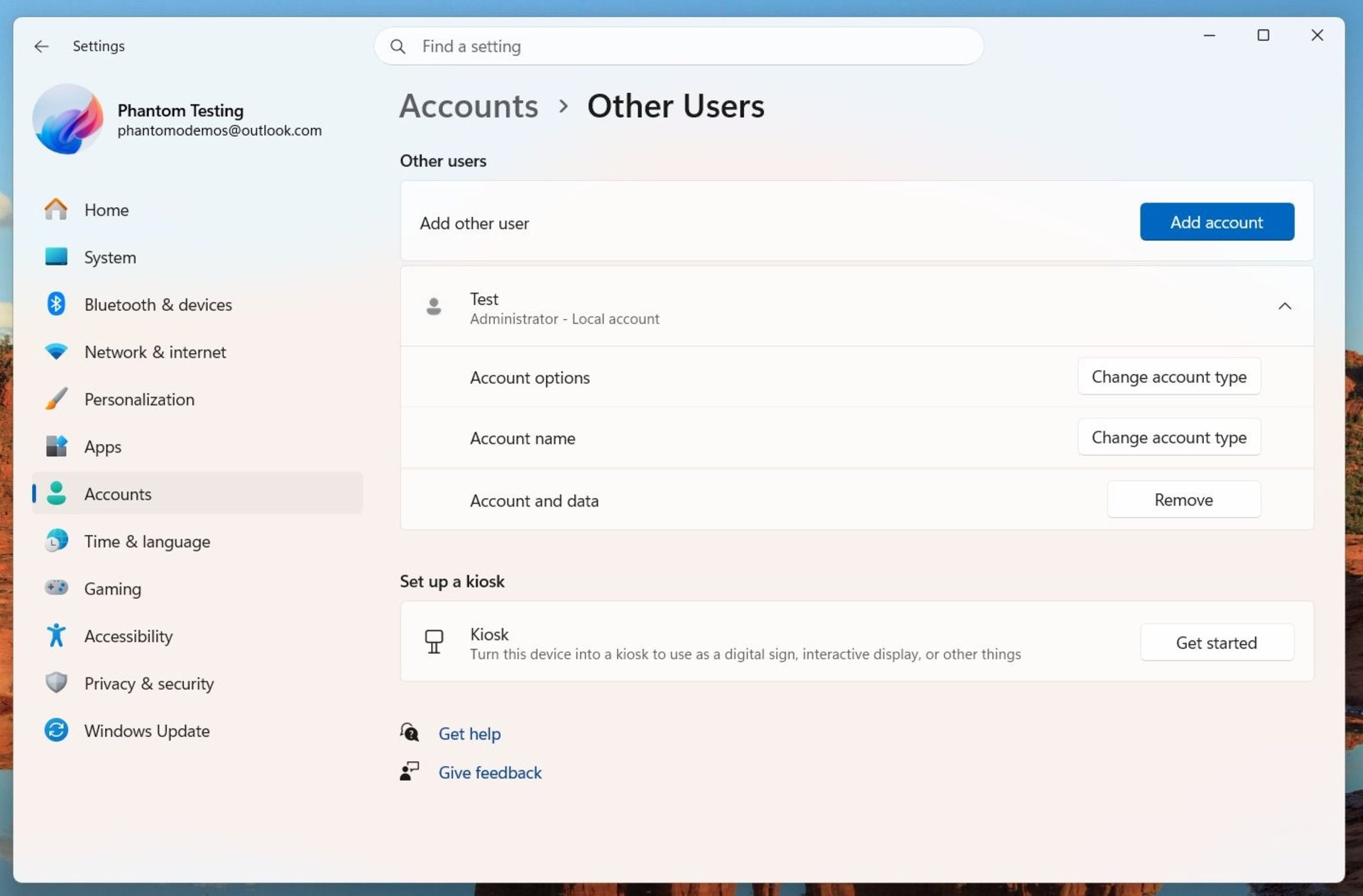 منوی تغییر نام حساب کاربری در تنظیمات ویندوز