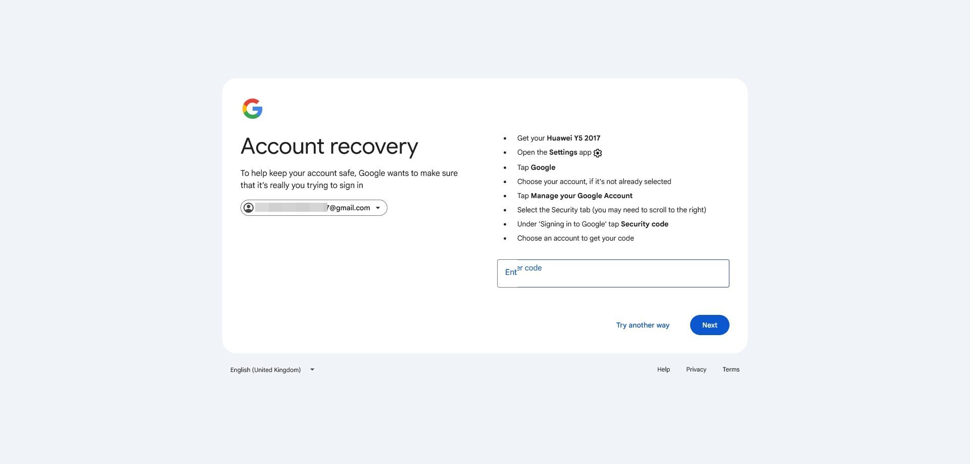 صفحه بازیابی حساب گوگل - درخواست از کاربر برای دریافت کد امنیتی از دستگاه دیگر او