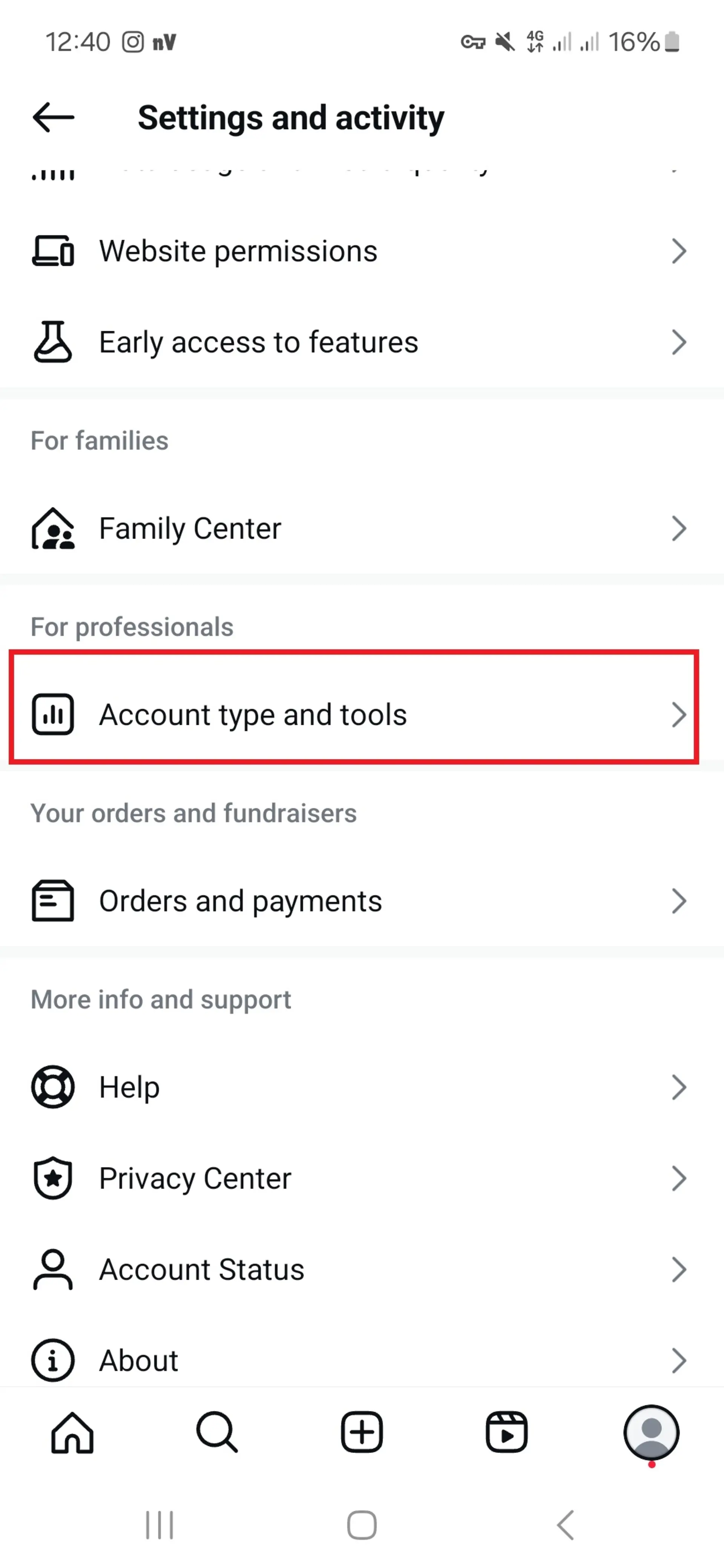 گزینه‌ی Account type اینستاگرام