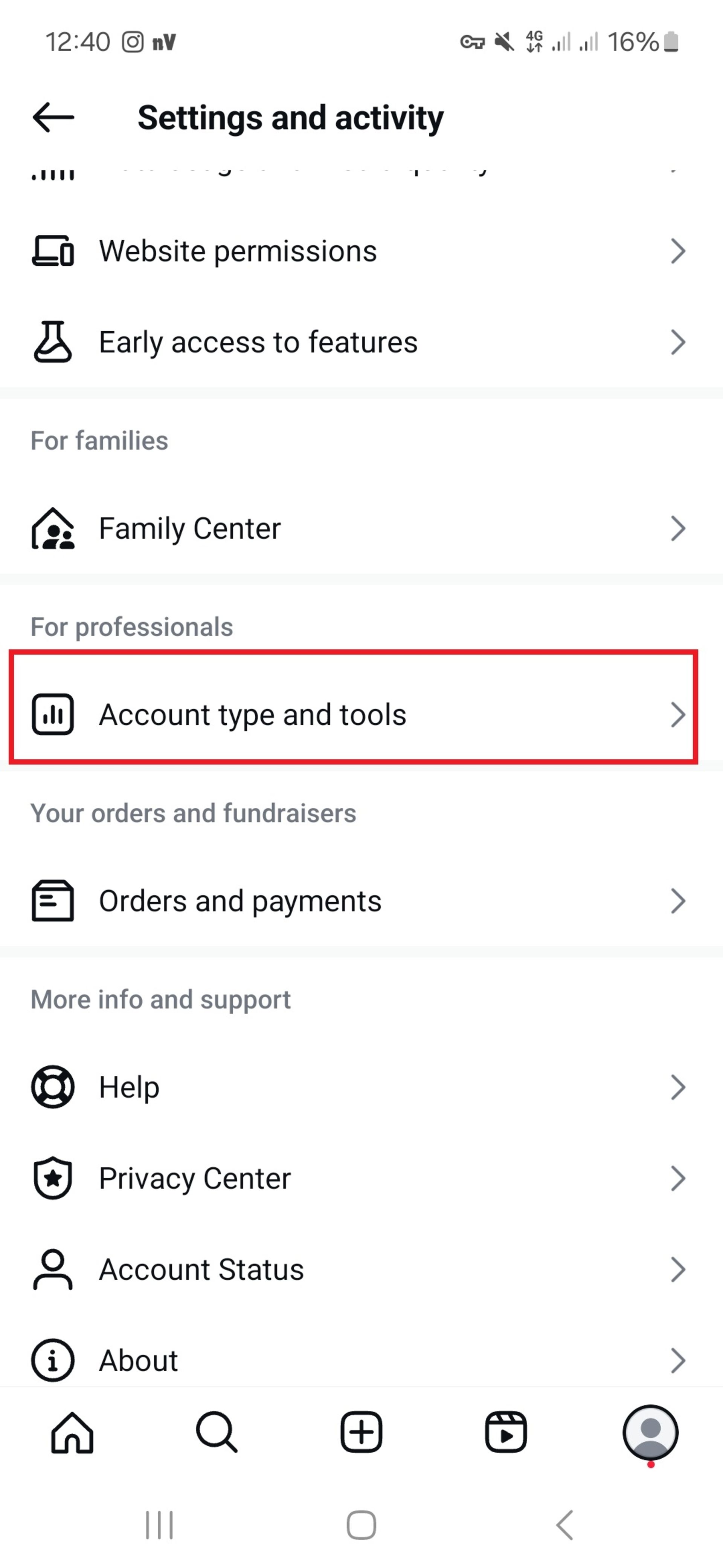 گزینه‌ی Account type اینستاگرام