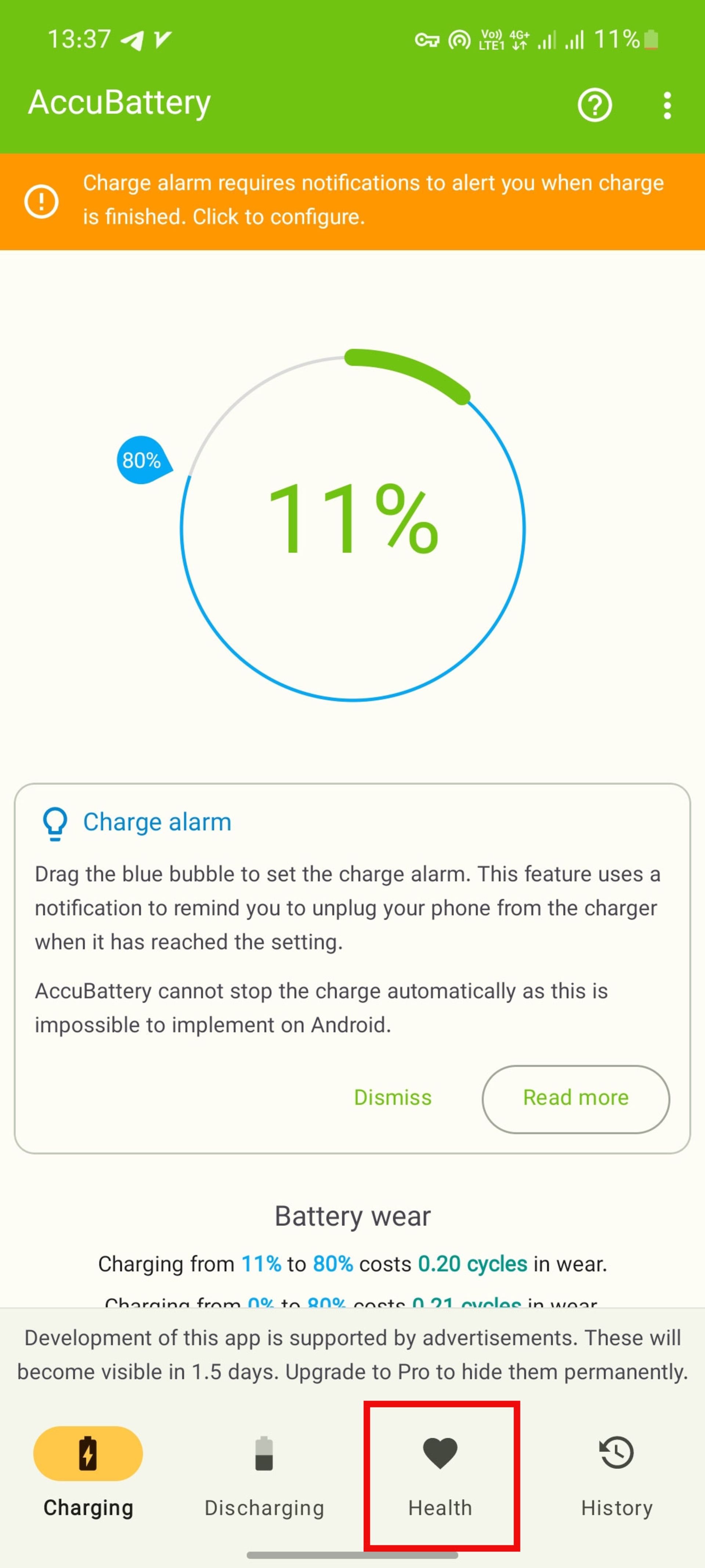 محیط برنامه‌ی Accubattery