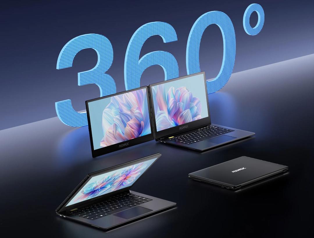 لپ تاپ acemagic x1 با دو نمایشگر افقی ۳۶۰ درجه باز می شود