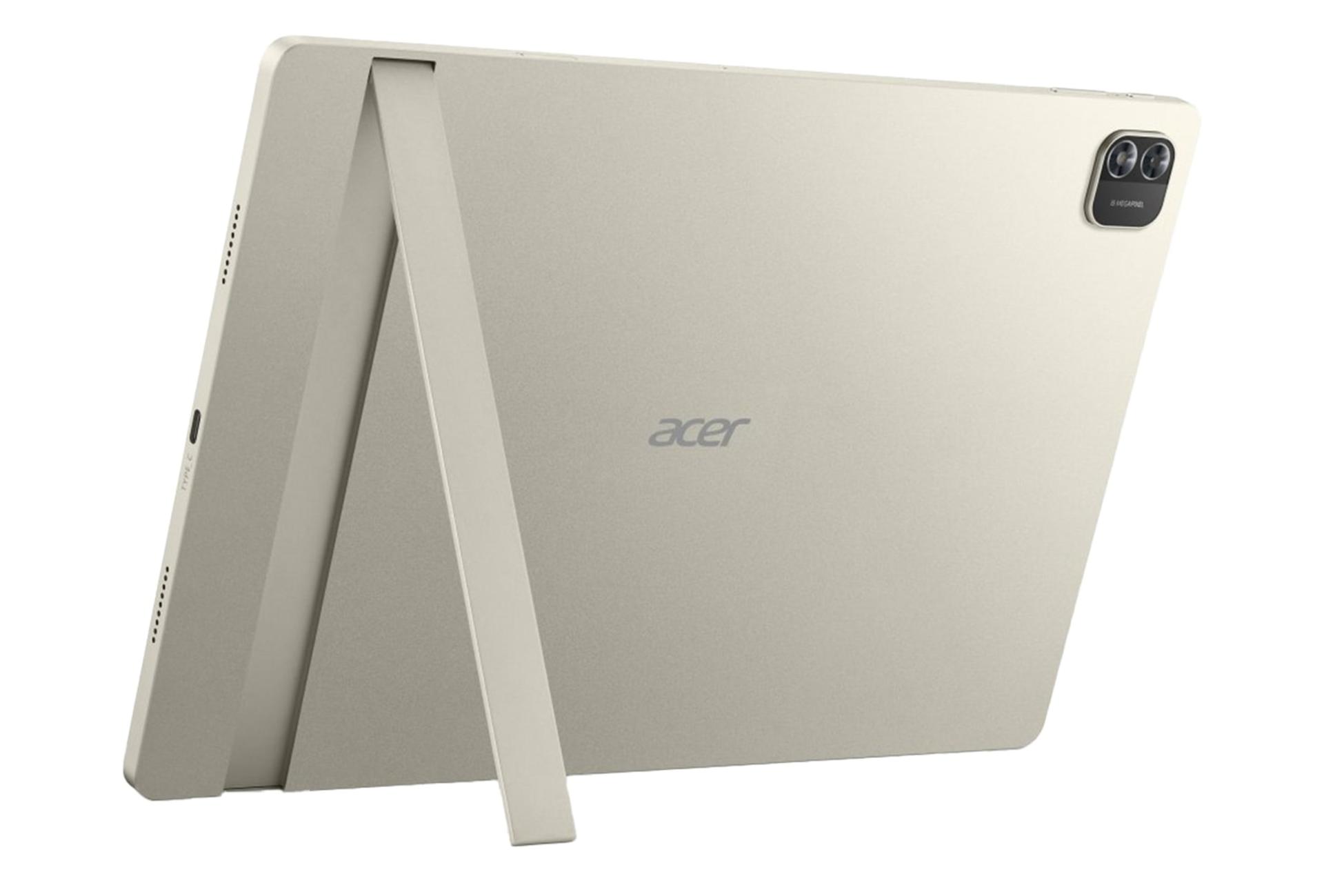 نمای نیمرخ پنل پشت تبلت Iconia A16 ایسر / Acer Iconia A16 با نمایش دوربین، لوگو و کیک استند