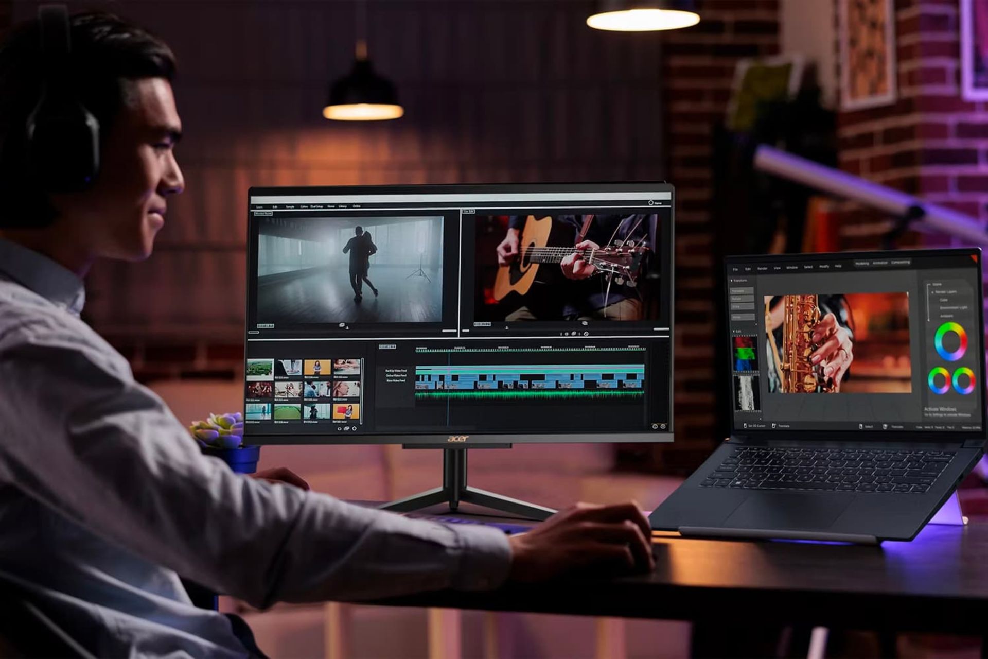 مرد جوان در استودیو در حال کار با لپ تاپ ایسر سوییفت Acer Swift 2024