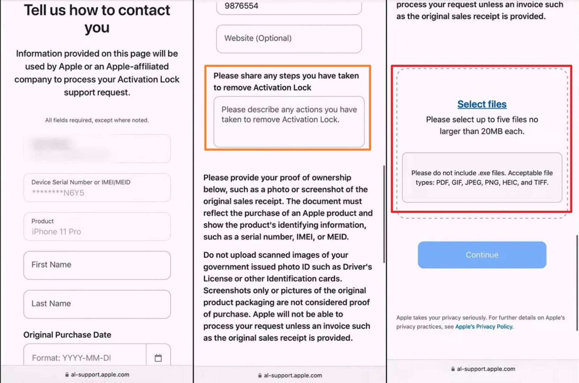 درخواست پشتیبانی برای رفع اکتیویشن لاک اپل - مرحله ۴