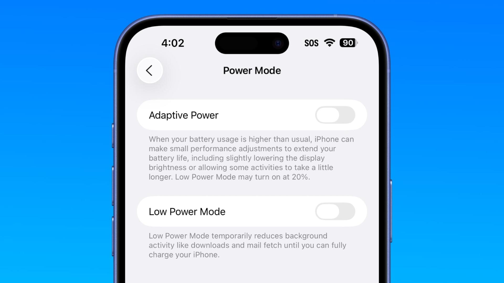حالت Adaptive در منوی باتری iOS 26