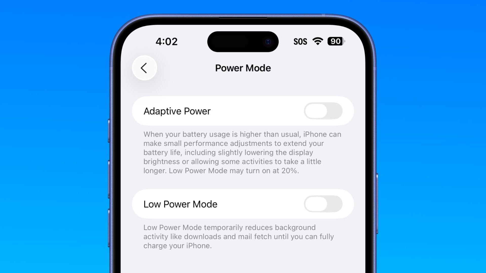 حالت Adaptive در منوی باتری iOS 26