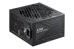 نمای نیمرخ پاور کامپیوتر ای دیتا XPG CORE REACTOR II VE با توان 750 وات با نمایش فن، سوییچ و درگاه برق