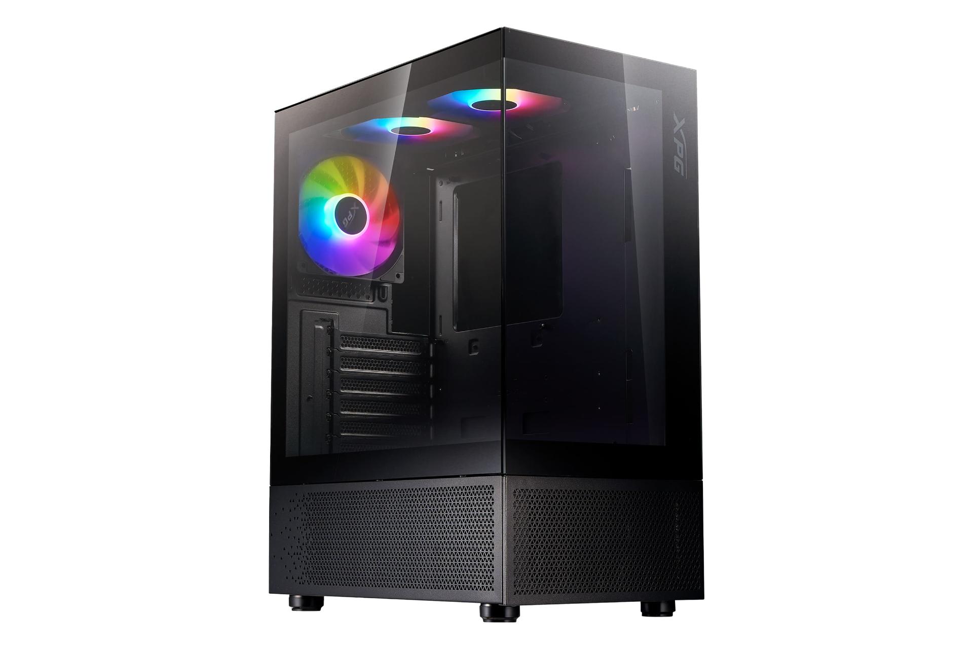 نمای نیمرخ کیس کامپیوتر ای دیتا XPG INVADER X MINI با نمایش پنل جلو و سمت چپ رنگ مشکی