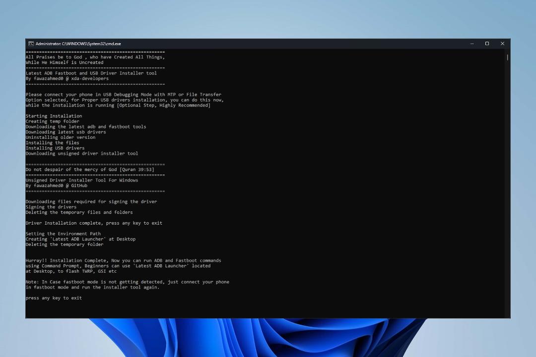 صفحه‌ی CMD اسکریپت نصب درایورها و ADB و Fastboot