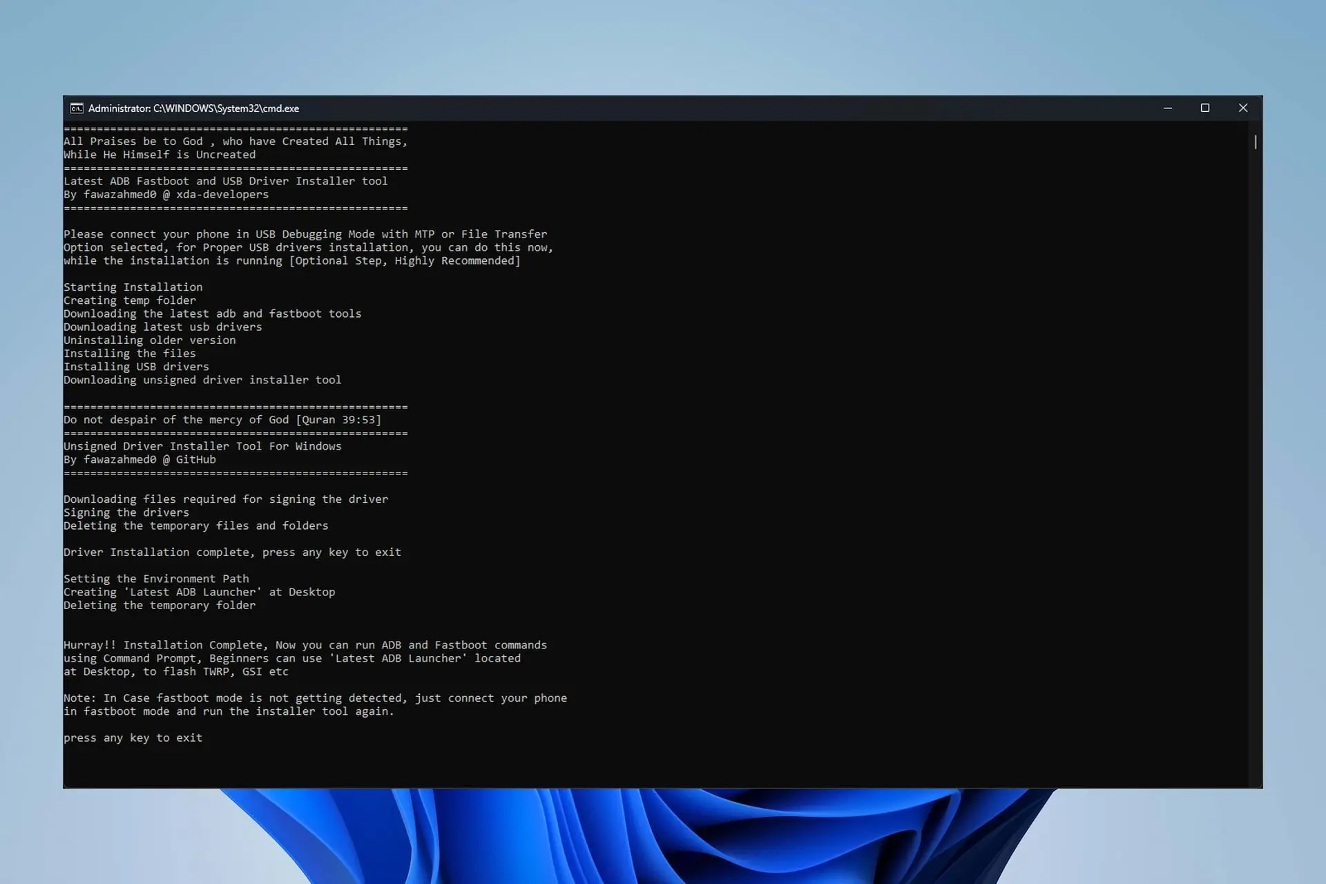 صفحه‌ی CMD اسکریپت نصب درایورها و ADB و Fastboot