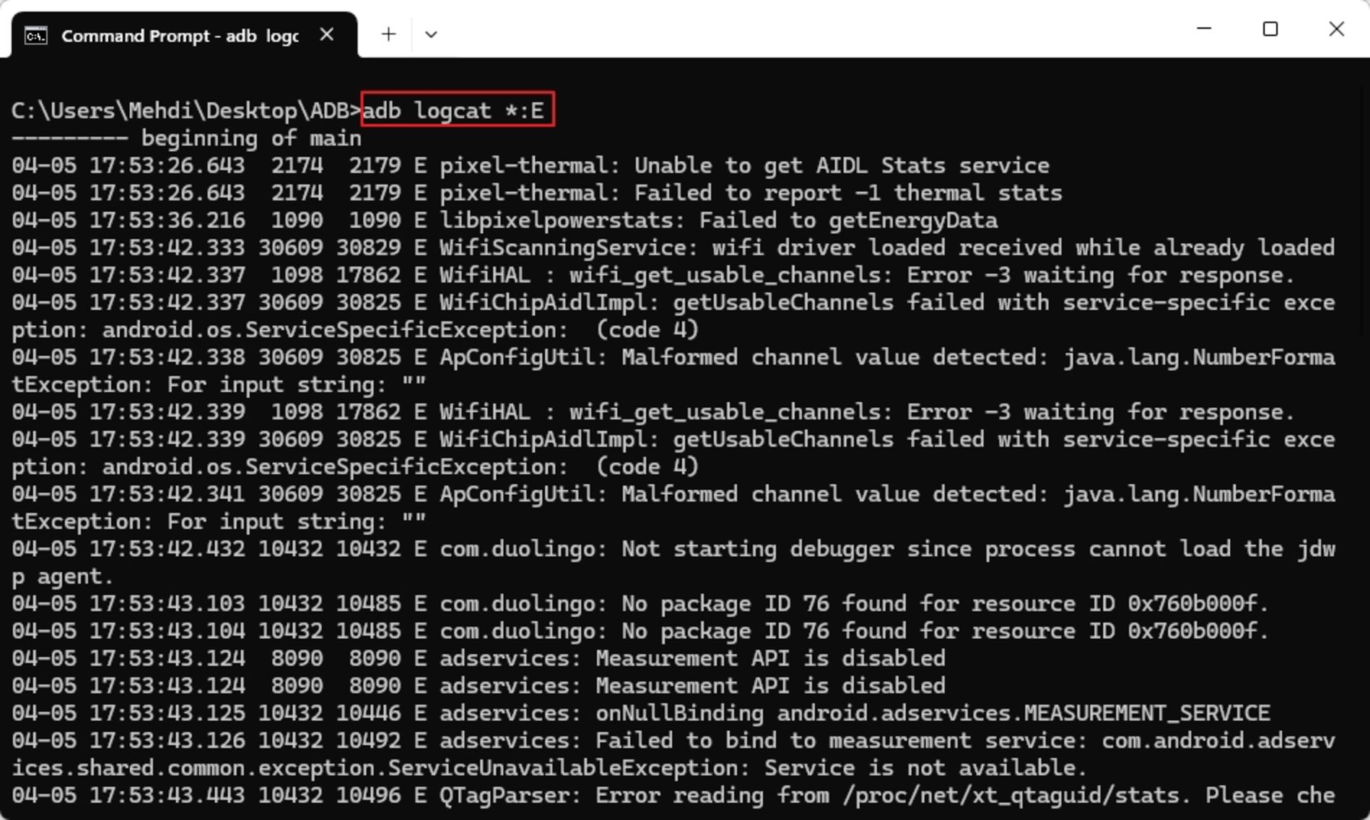 مشاهده لاگ‌های خطا (Error) اندروید با ADB Logcat