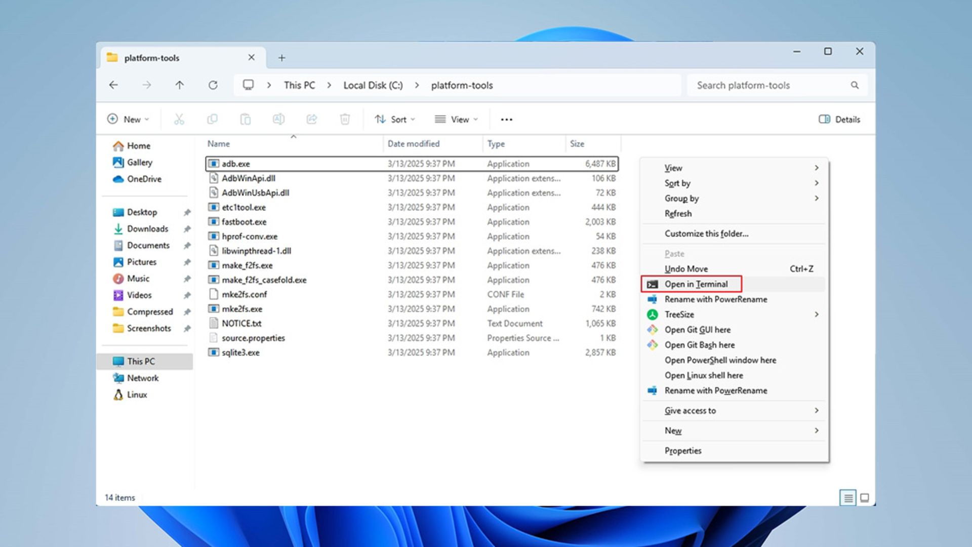 پوشه platform-tools شامل adb.exe در ویندوز