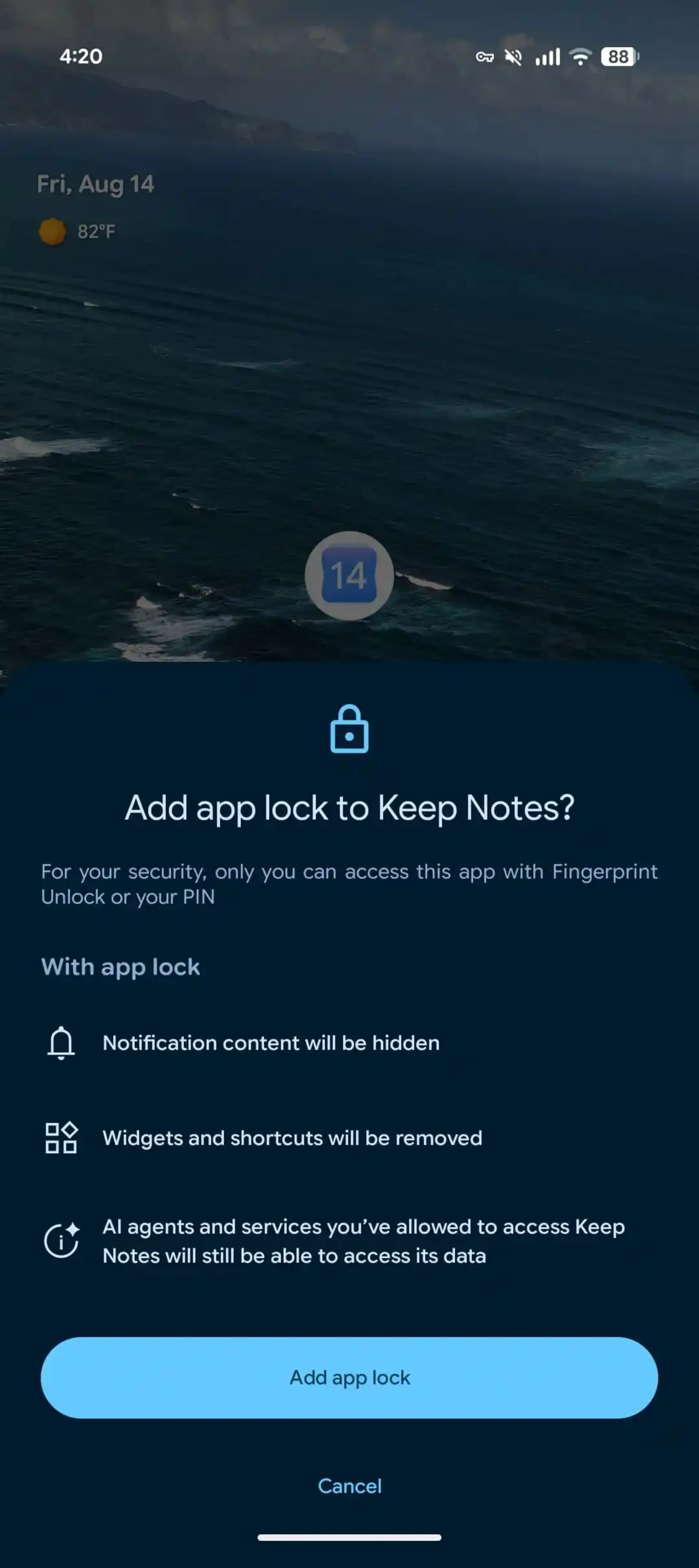 پیام فعال‌سازی قفل اپلیکیشن (App Lock) برای برنامه Keep Notes در اندروید