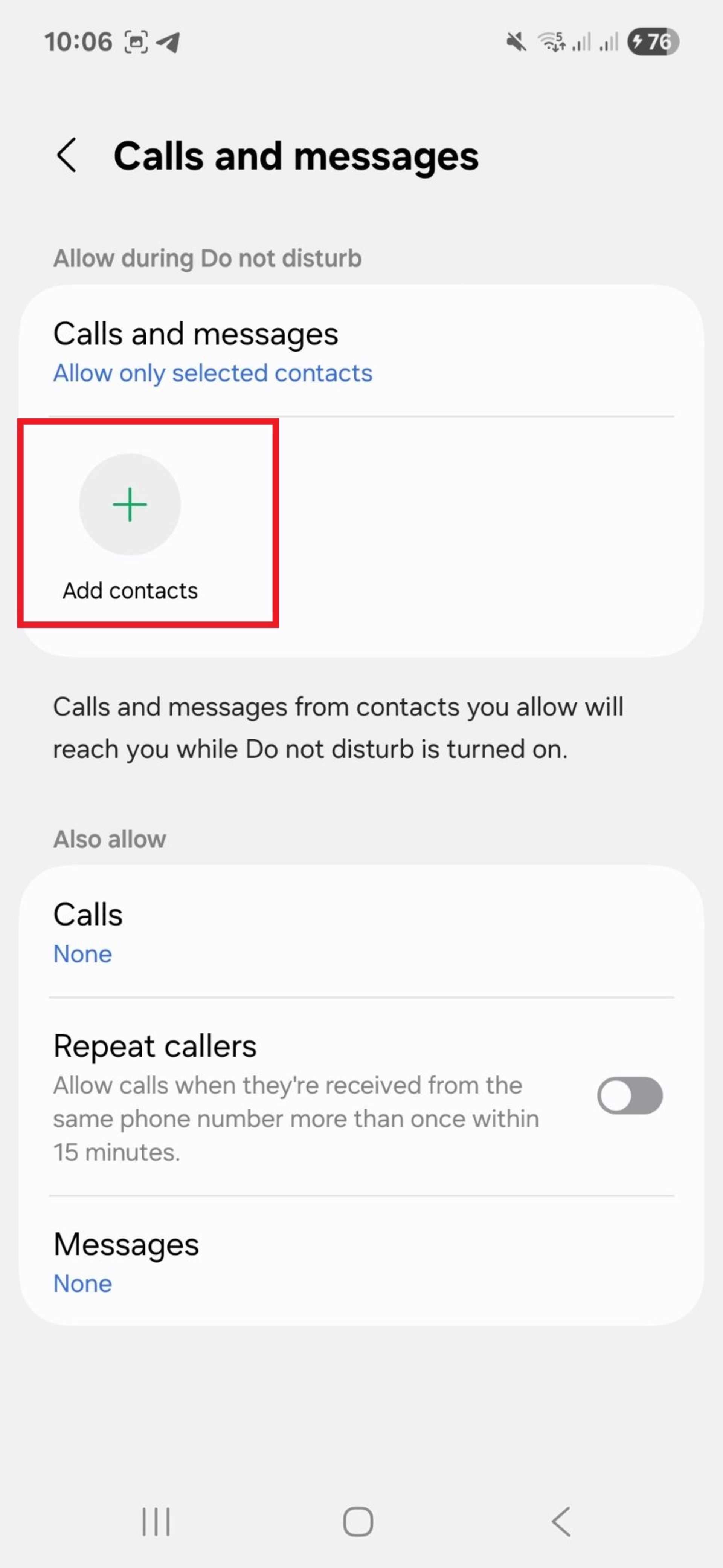 افزودن مخاطب در Do not disturb سامسونگ