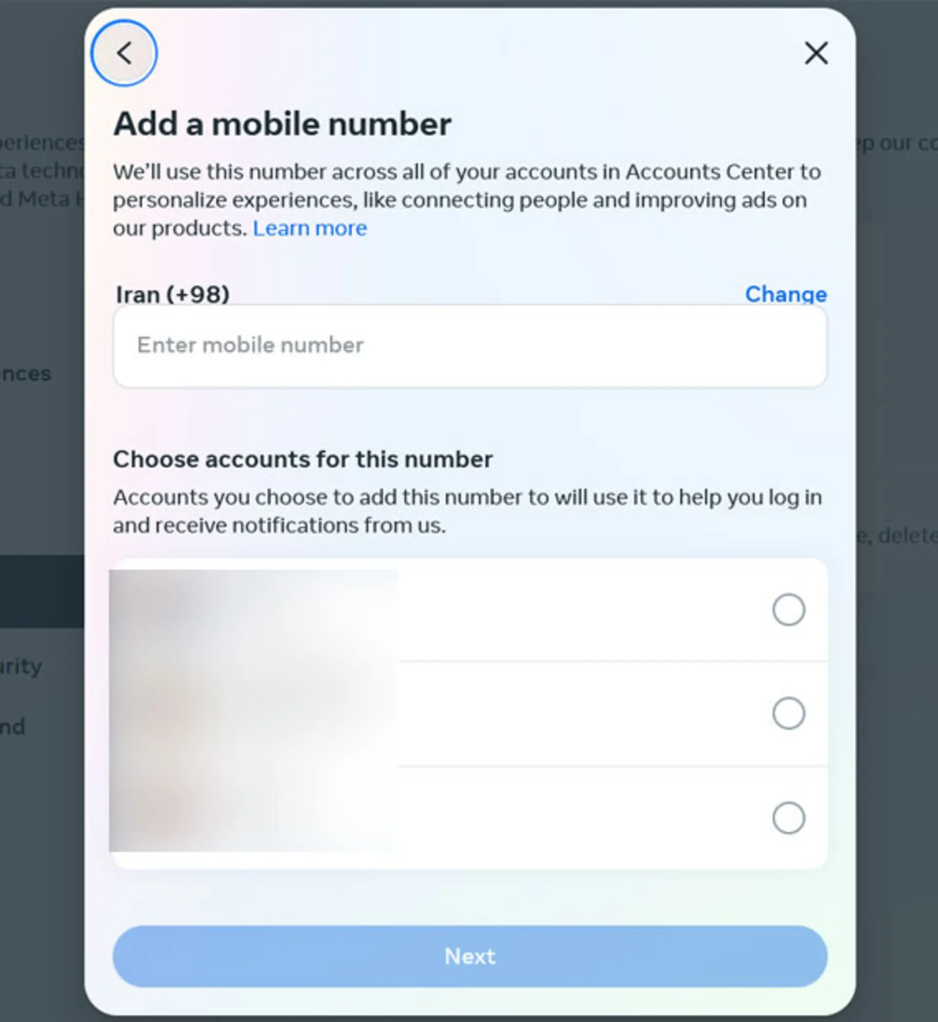 گزینه‌ی Add mobile number
