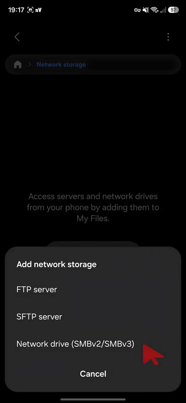 منوی افزودن حافظه شبکه در بخش Network storage گوشی اندروید