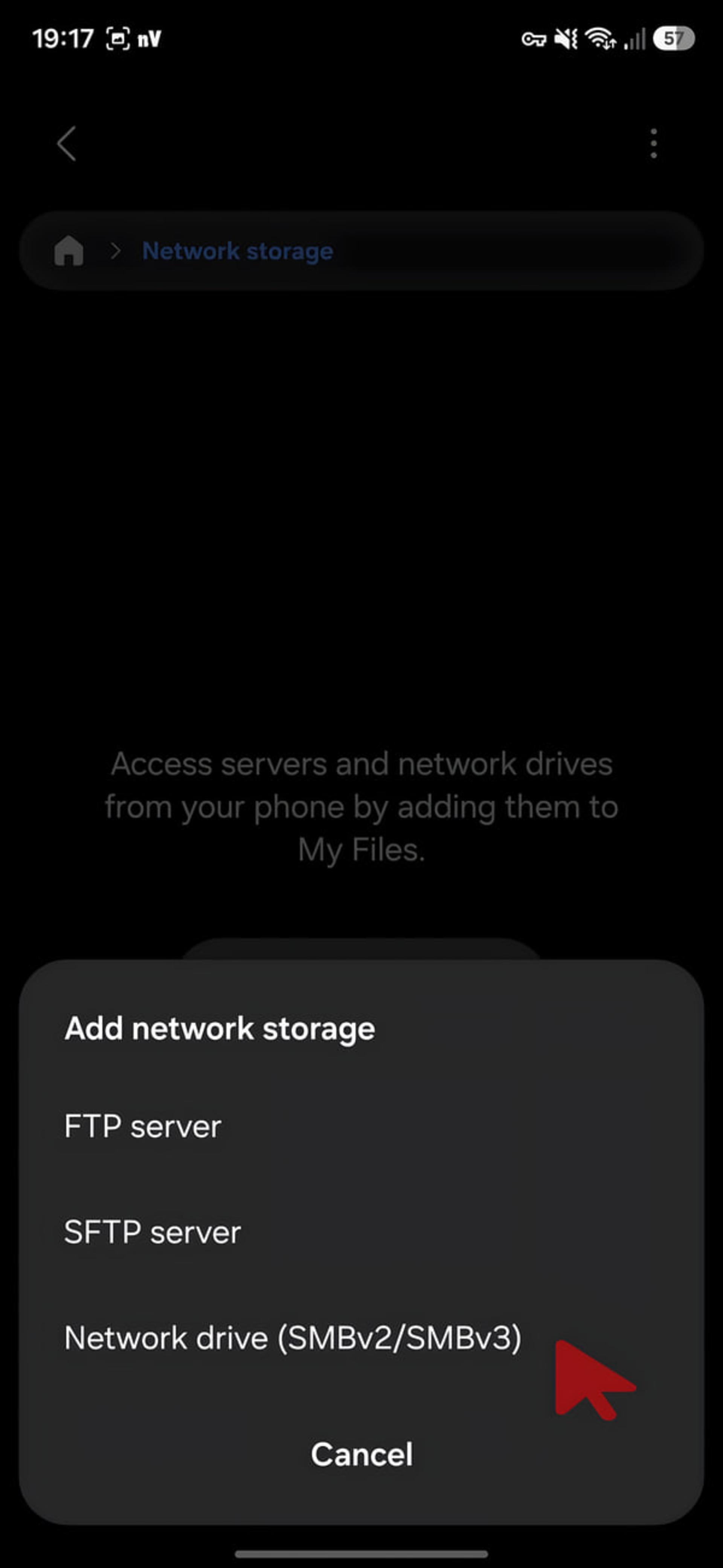 منوی افزودن حافظه شبکه در بخش Network storage گوشی اندروید