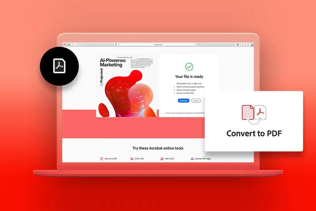 بخشی از محیط نرم‌ افزار Adobe Acrobat روی یک مانیتور با پس زمینه قرمز