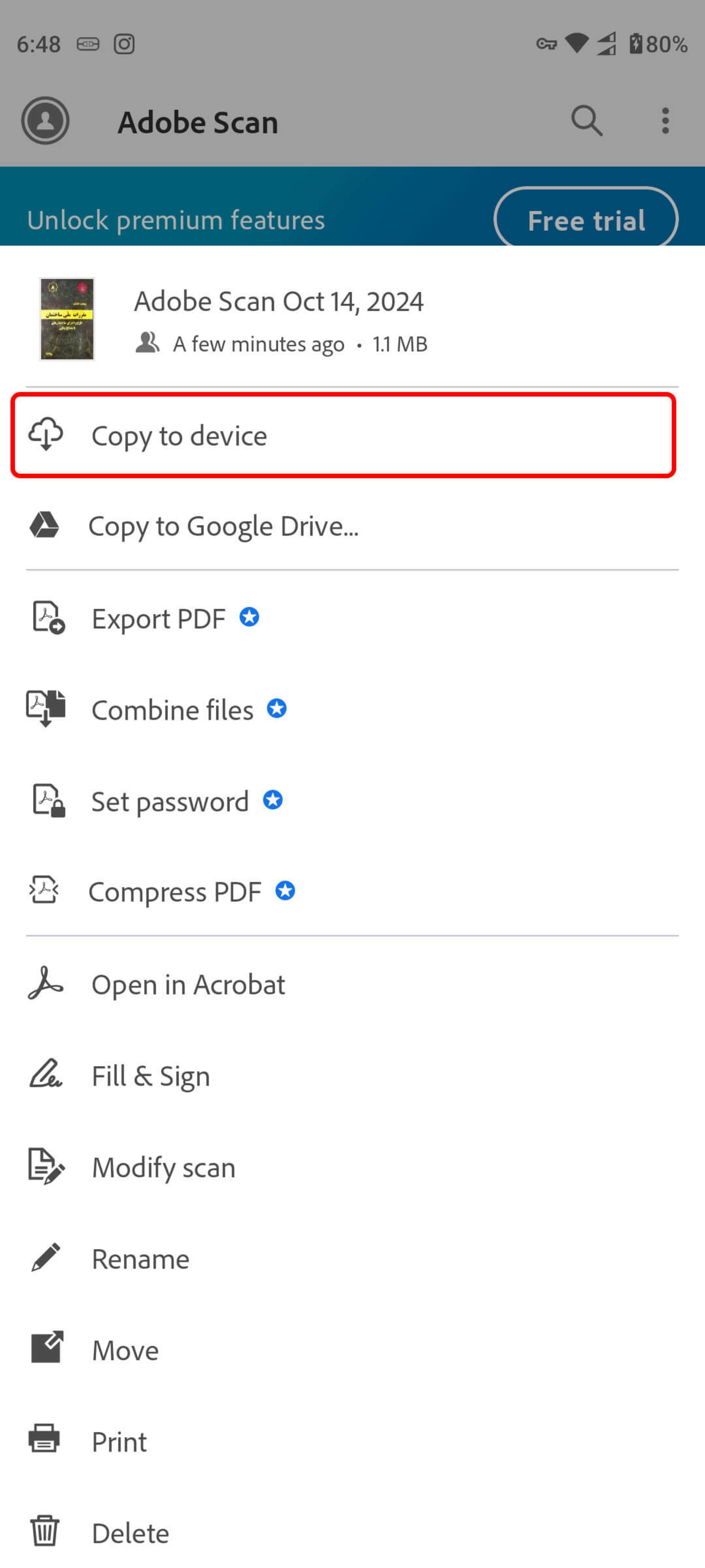 انتخاب گزینه Copy to device در ادوب اسکن