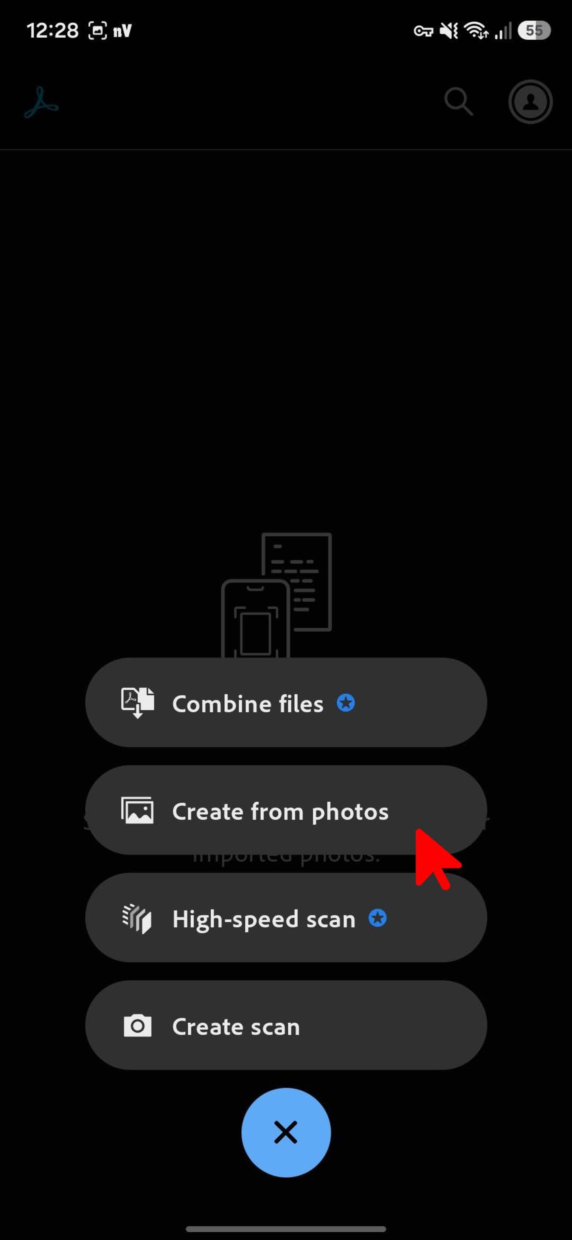 منوی انتخاب عکس در اپلیکیشن adobe scan