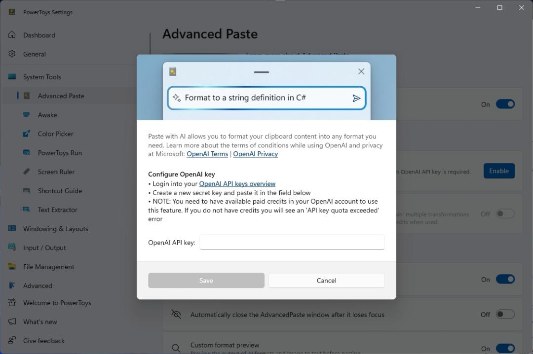 کادر وارد کردن API در ابزار Advanced Paste
