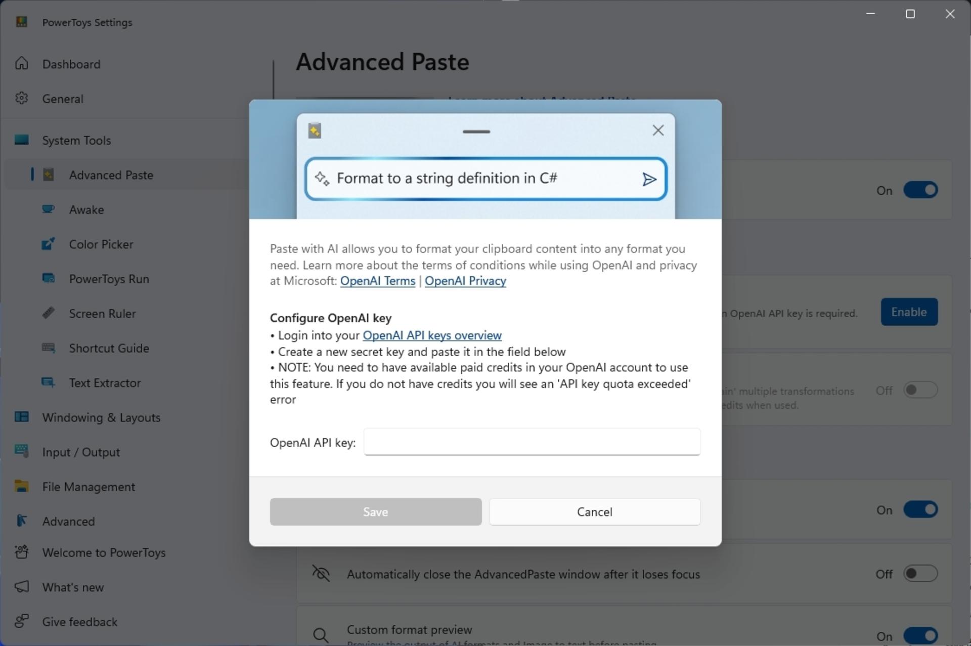 کادر وارد کردن API در ابزار Advanced Paste