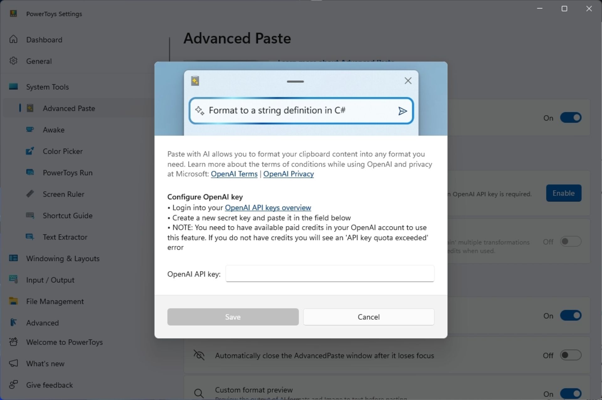 کادر وارد کردن API در ابزار Advanced Paste