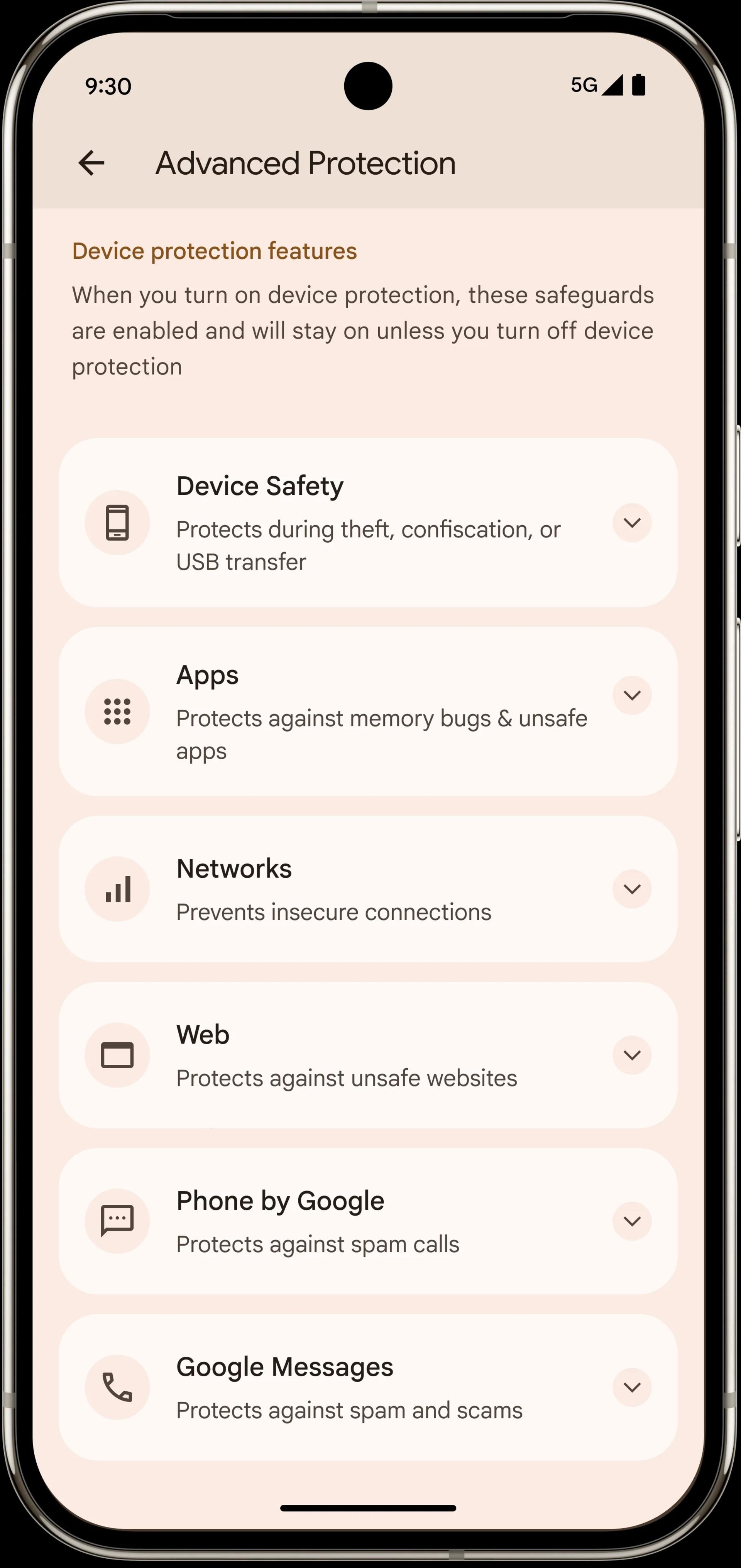گزینه‌های قابلیت Advanced Protection اندروید ۱۶