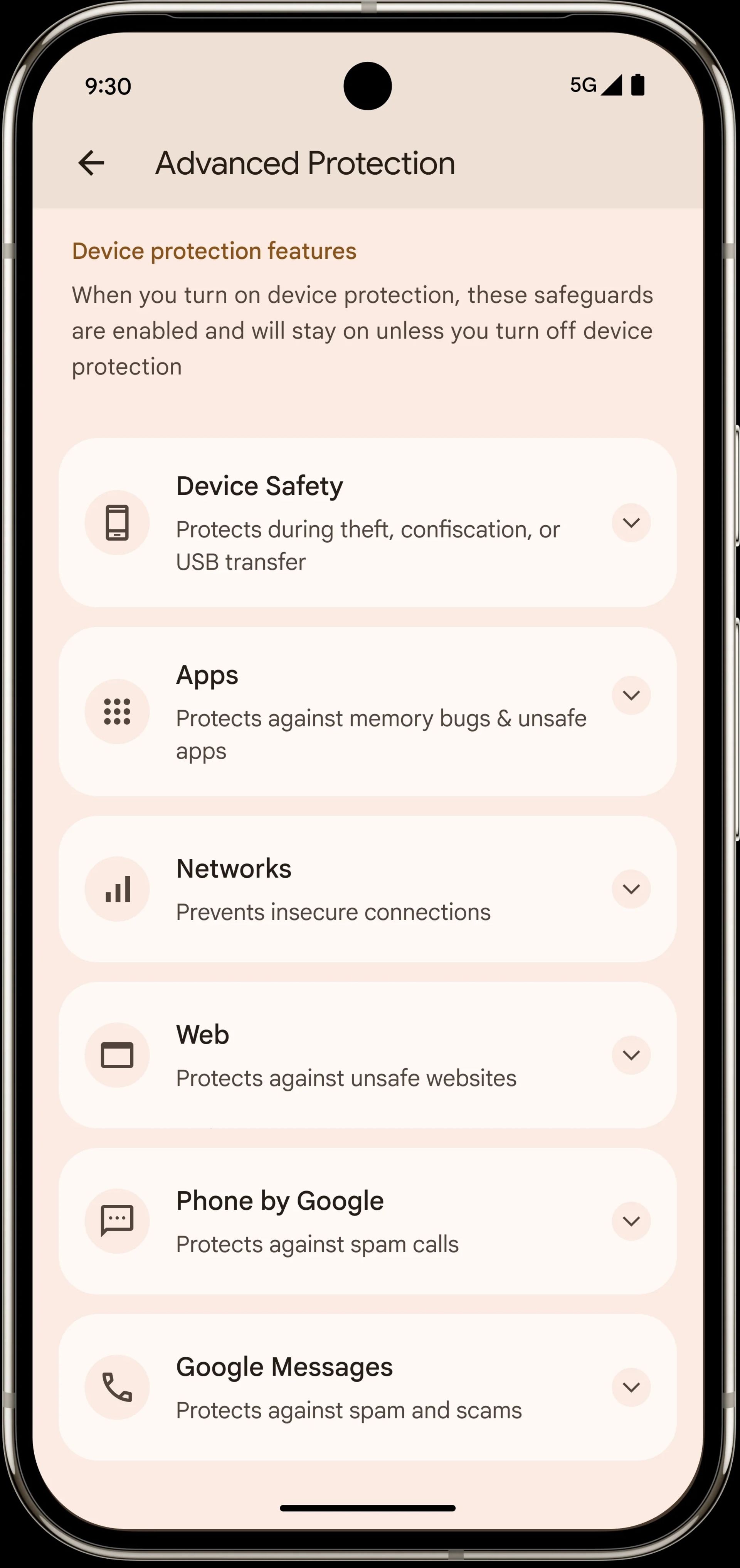 گزینه‌های قابلیت Advanced Protection اندروید ۱۶