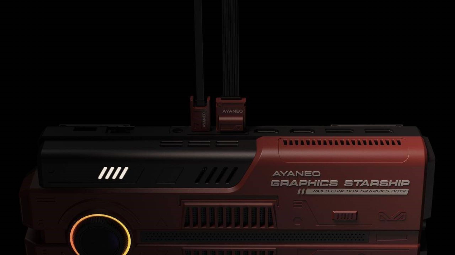 داک گرافیکی AG01 رنگ قرمز از نمای کناری با دو کابل متصل به آن