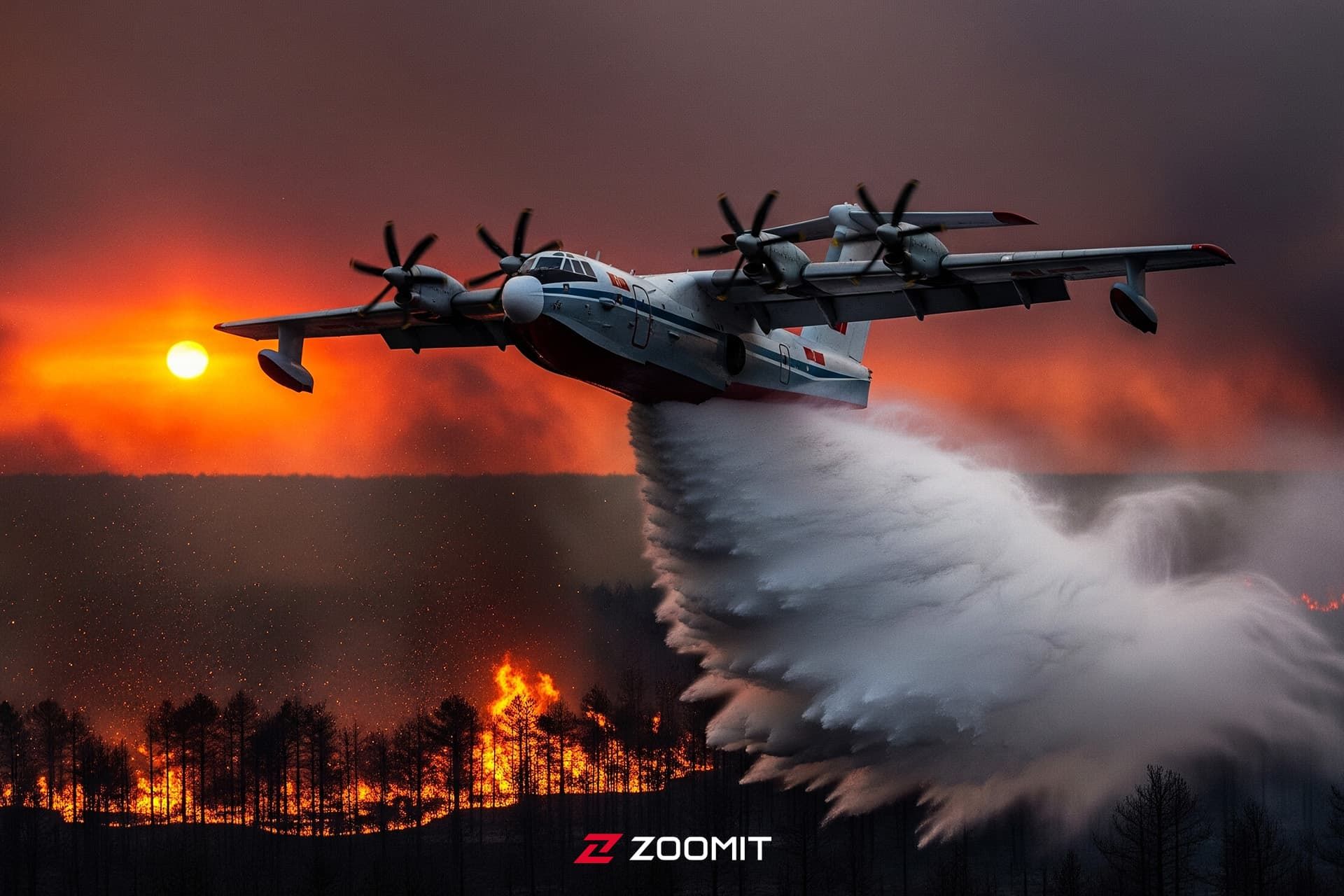طرح هوش مصنوعی از هواپیمای AG600 درحال خاموش‌کردن آتش جنگل