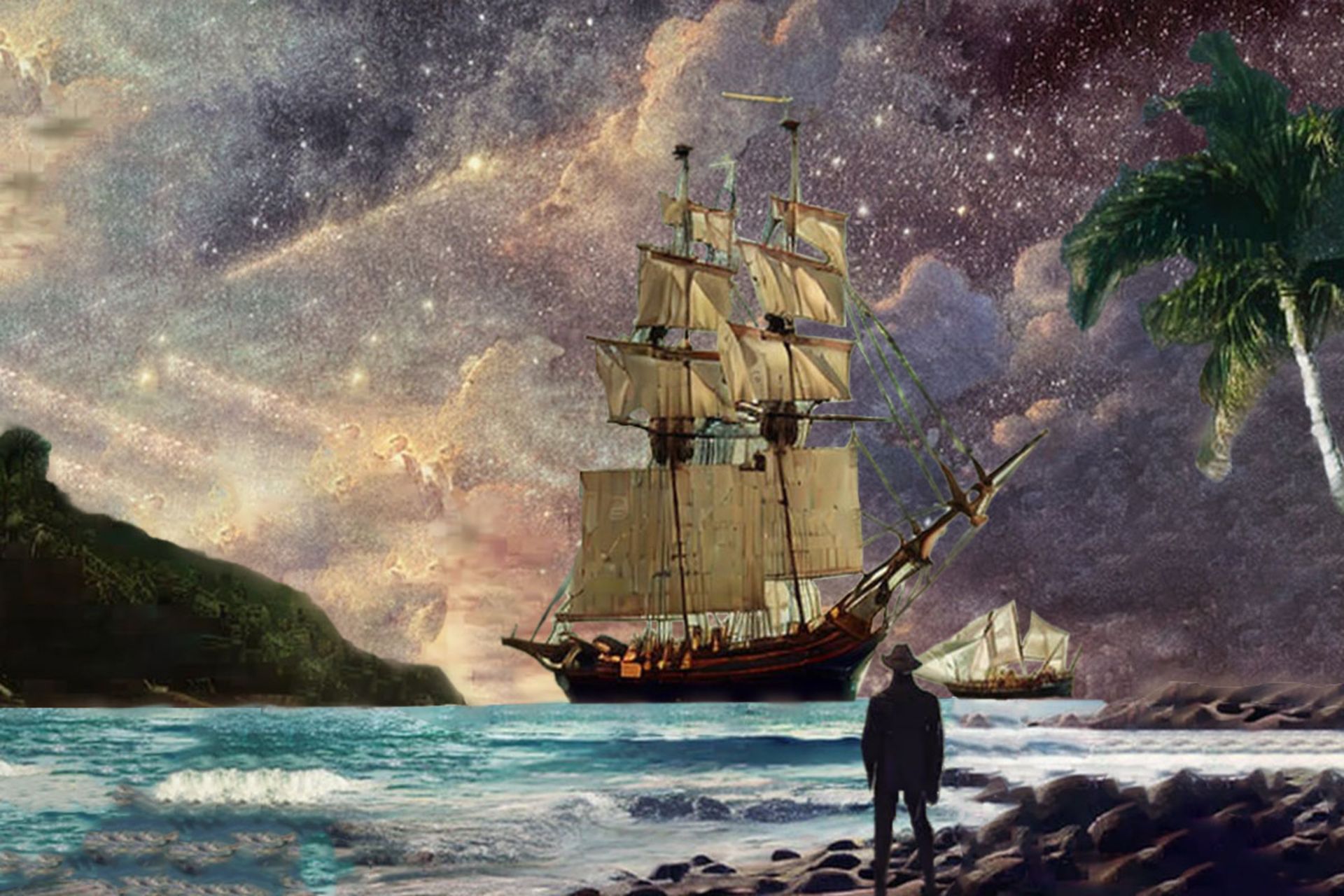 نقاشی مرد دریا کشتی جزیره آسمان ابر ستاره