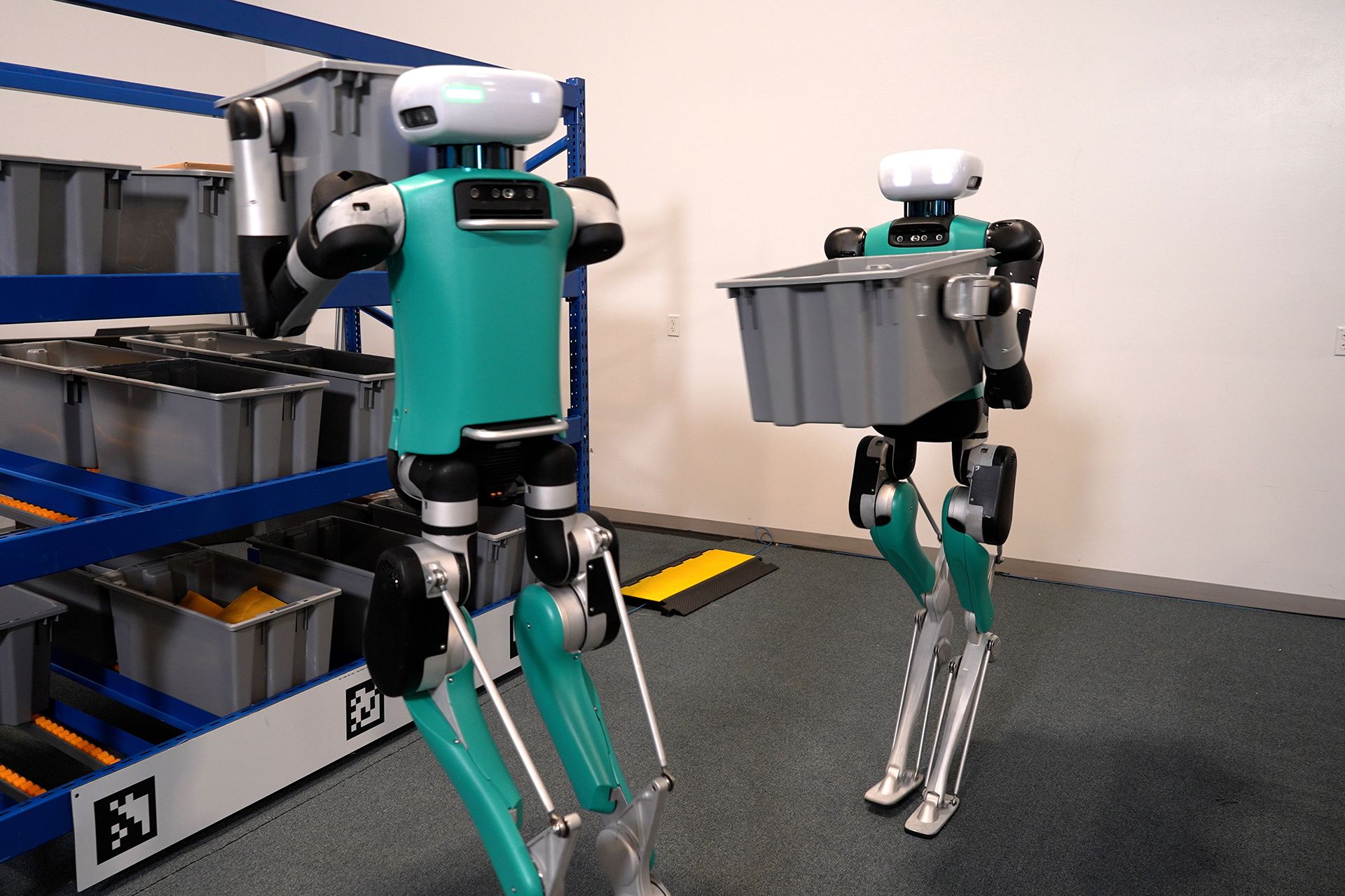 دو ربات دیجیت در حال کار کردن کنار قفسه ها