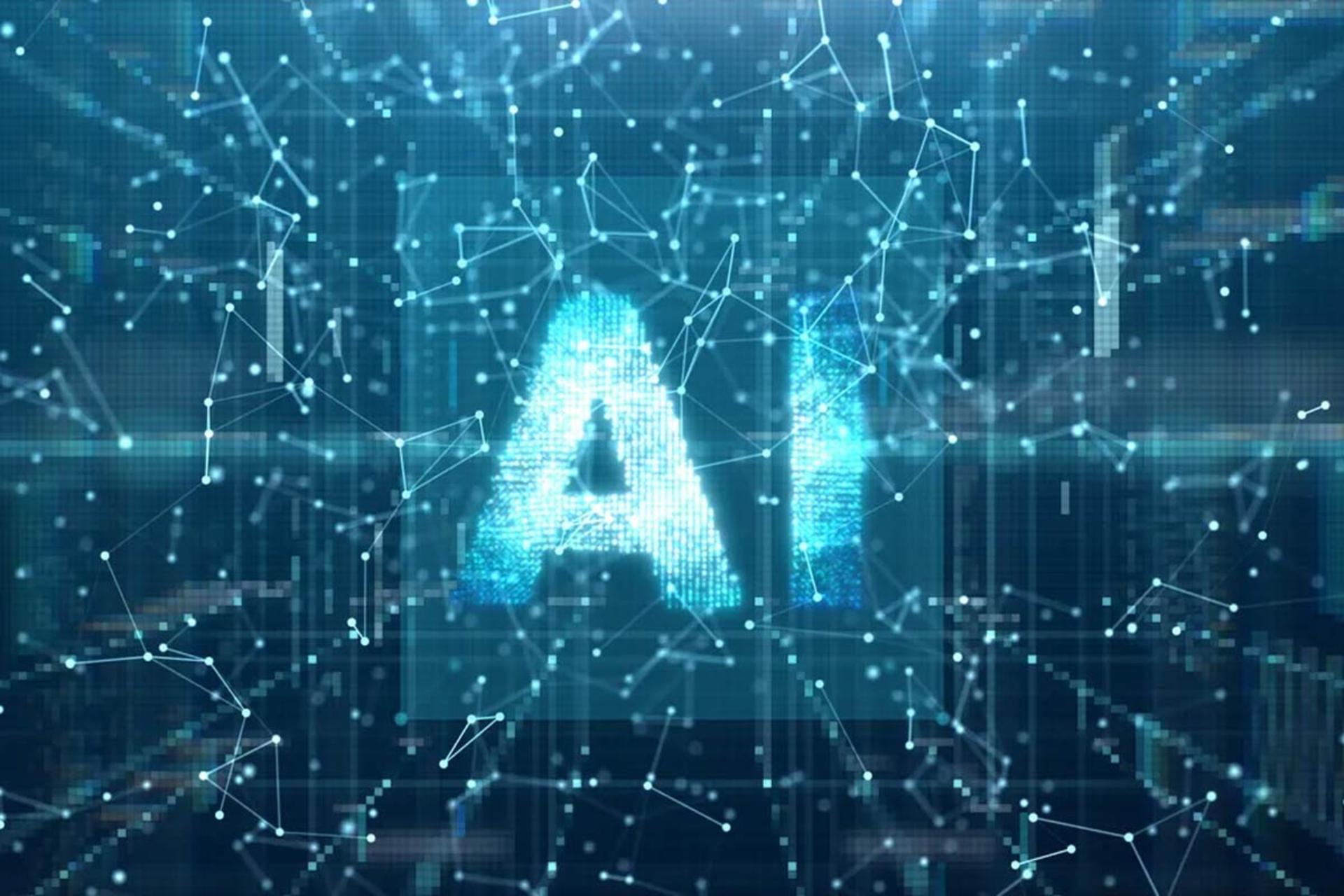عبارت AI همراه شبکه‌های کوچک آبی 