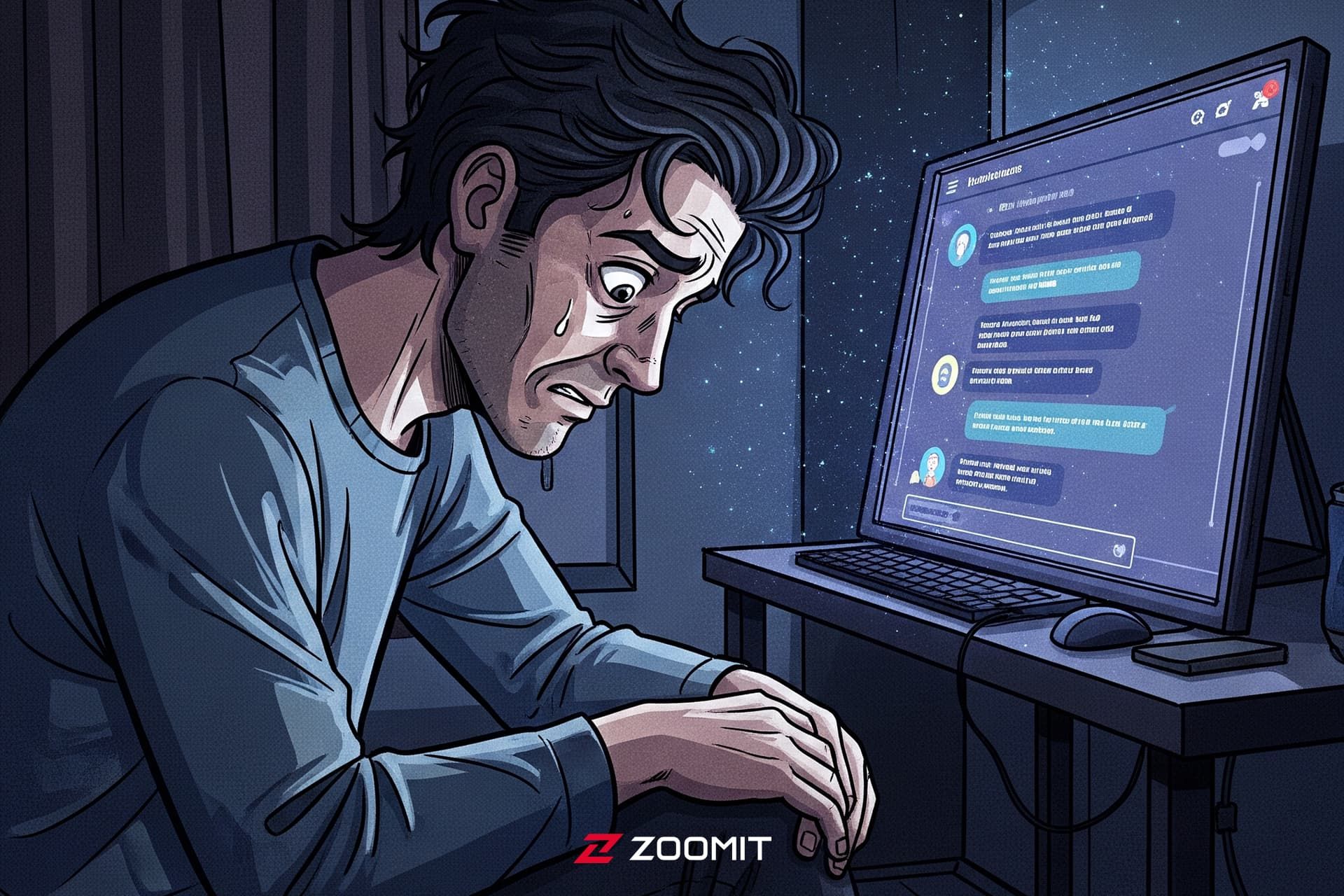 طرح هوش مصنوعی از مرد مضطرب درحال چت با هوش مصنوعی