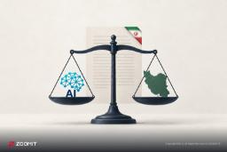 ترازو با نماد هوش مصنوعی (AI) در یک کفه و نقشه ایران در کفه دیگر