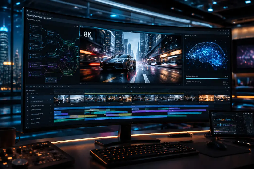 رابط کاربری موتور تولید ویدیو با هوش مصنوعی (AI Generative Video Engine) در نمایشگر منحنی
