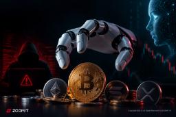 دست رباتیک در حال لمس سکه بیت‌کوین در میان سایر رمزارزها