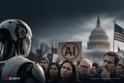 ربات انسان‌نما در مقابل گروهی از معترضان به هوش مصنوعی (AI)