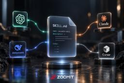 فایل SKILL.md در مرکز و مدل‌های هوش مصنوعی ChatGPT، Claude، DeepSeek و Cursor در اطراف آن