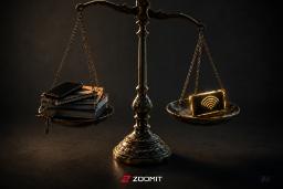 طرح گرافیکی حکم قضایی اینترنت و گوشی و کلید و کتاب در طرف دیگر