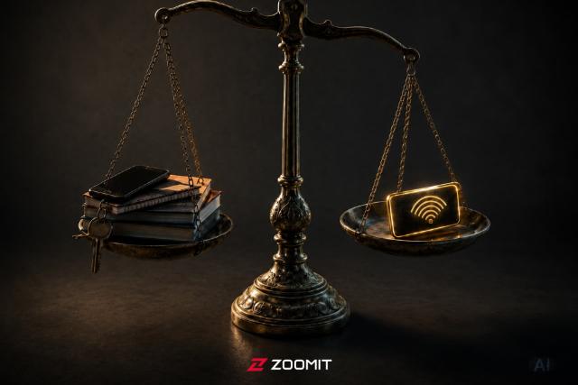 طرح گرافیکی حکم قضایی اینترنت و گوشی و کلید و کتاب در طرف دیگر