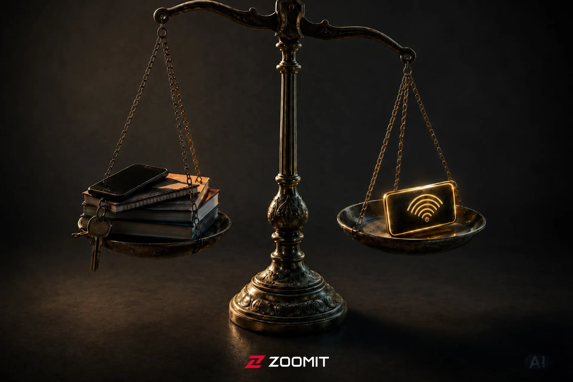 طرح گرافیکی حکم قضایی اینترنت و گوشی و کلید و کتاب در طرف دیگر