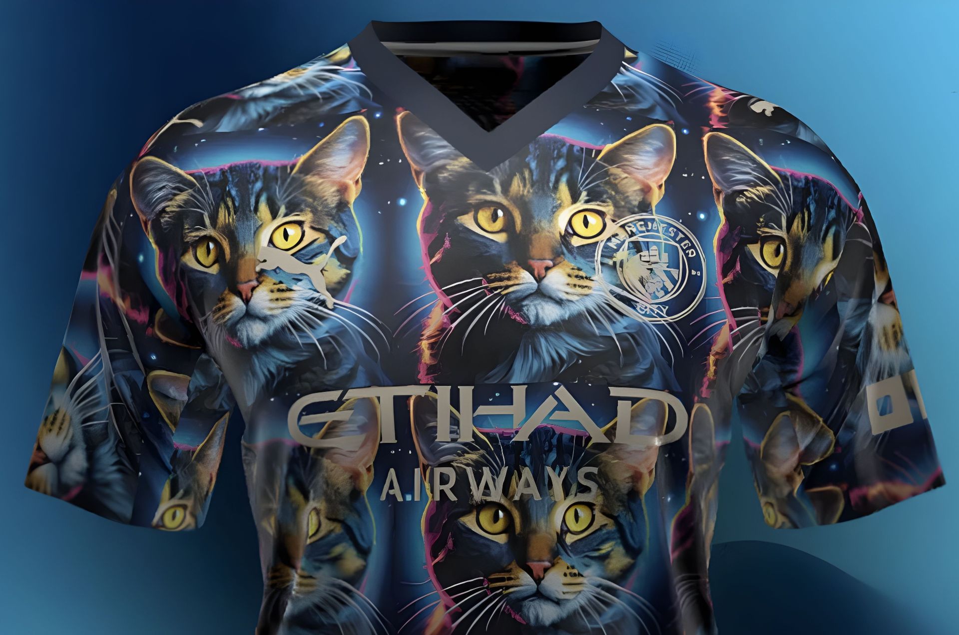 طرحی از لباس منچسترسیتی با صورت گربه