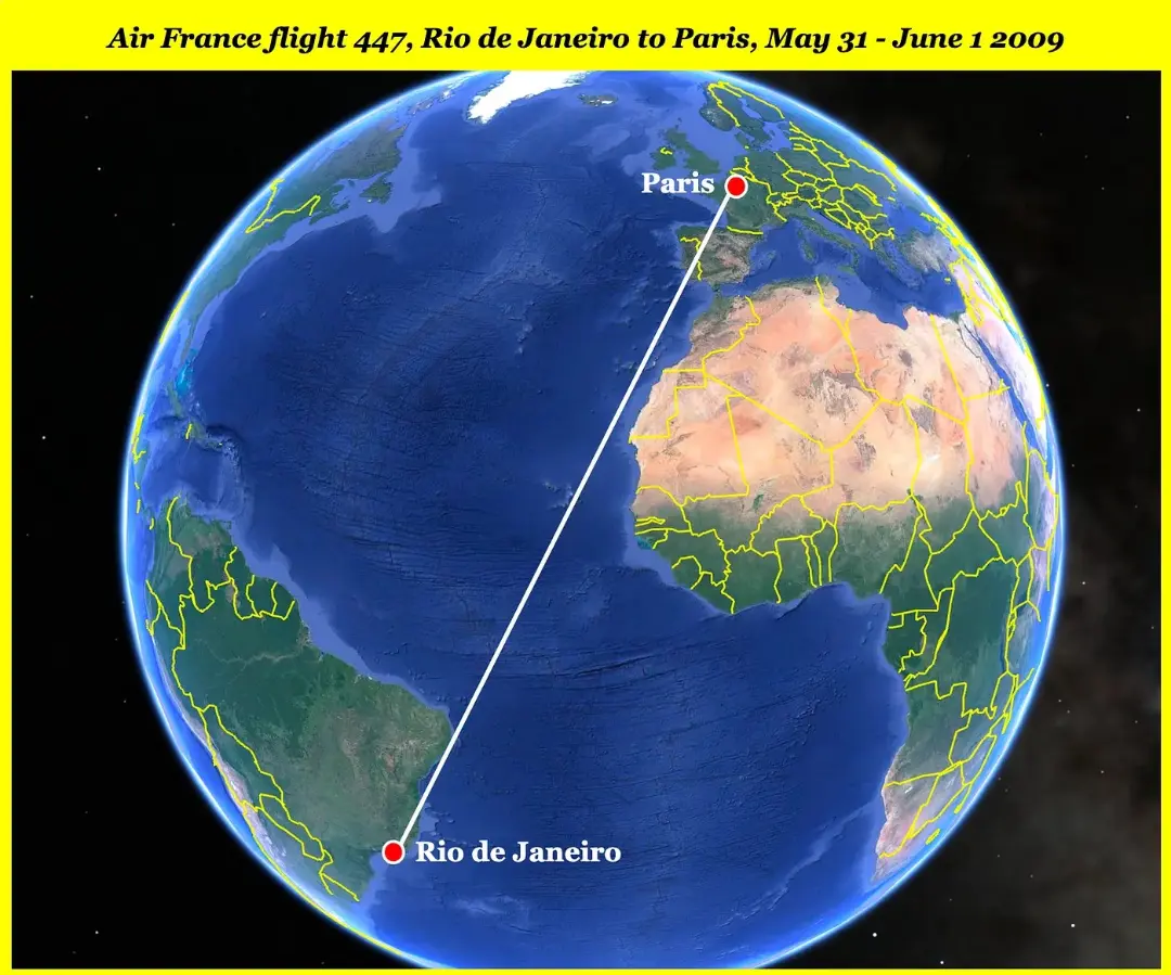 مسیر پرواز ایر فرانس (Air France) از ریو دو جانیرو به پاریس روی کره زمین