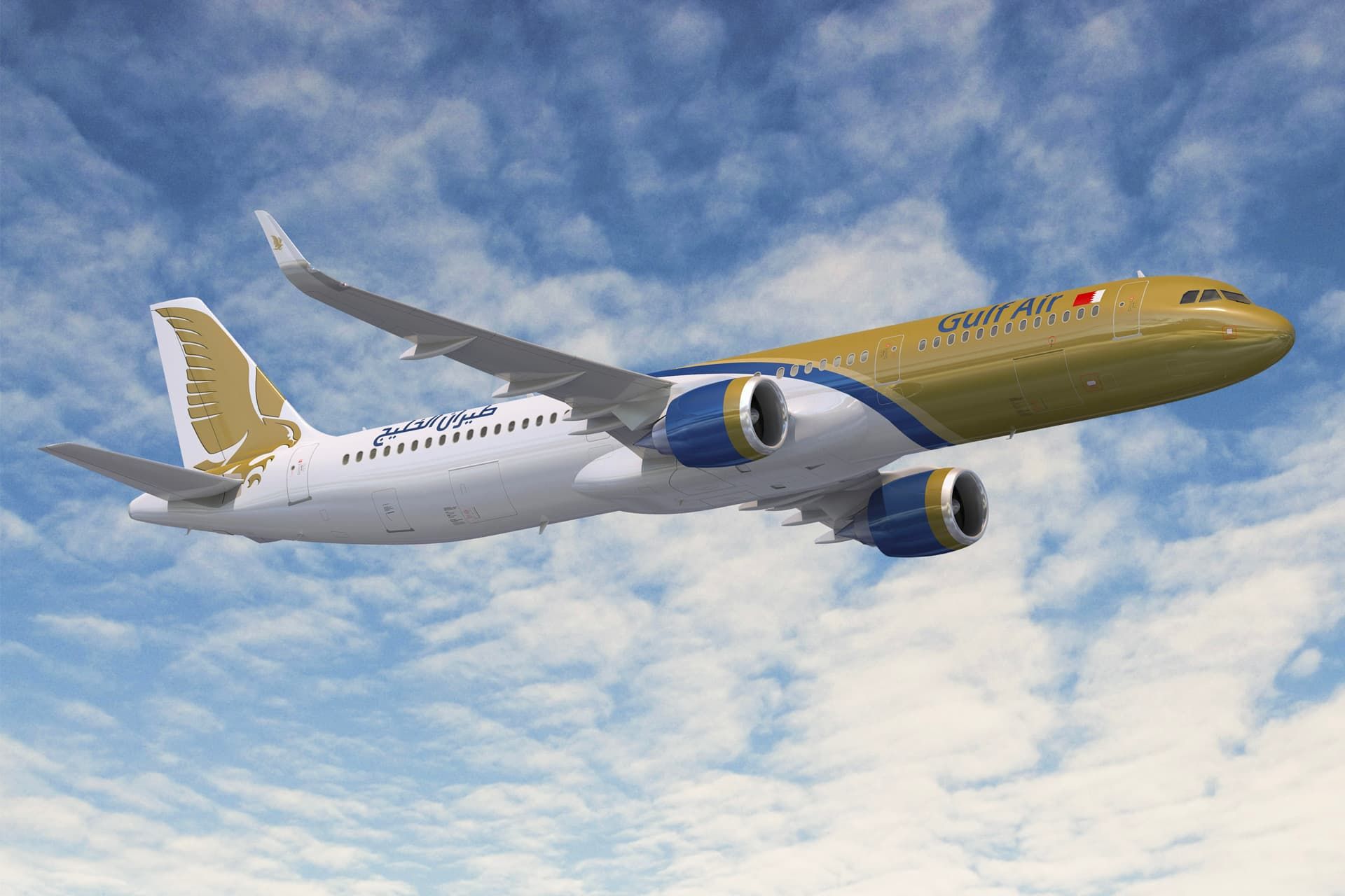 هواپیما ایرباس با پرچم بحرین در آسمان نیمه ابری