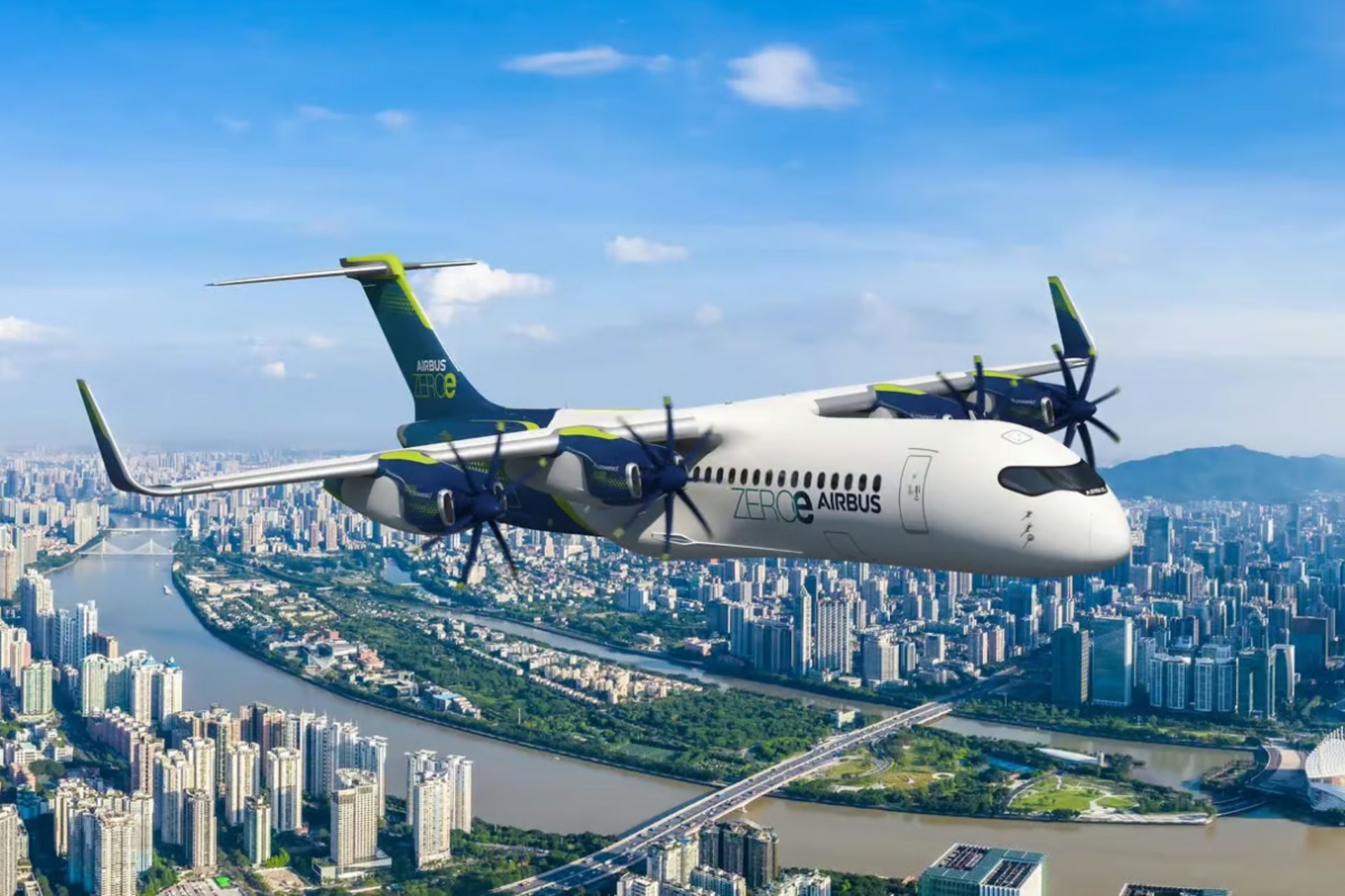 تصویرسازی هواپیمای مسافربری ایرباس زیرو با سوخت هیدروژنی در آسمان