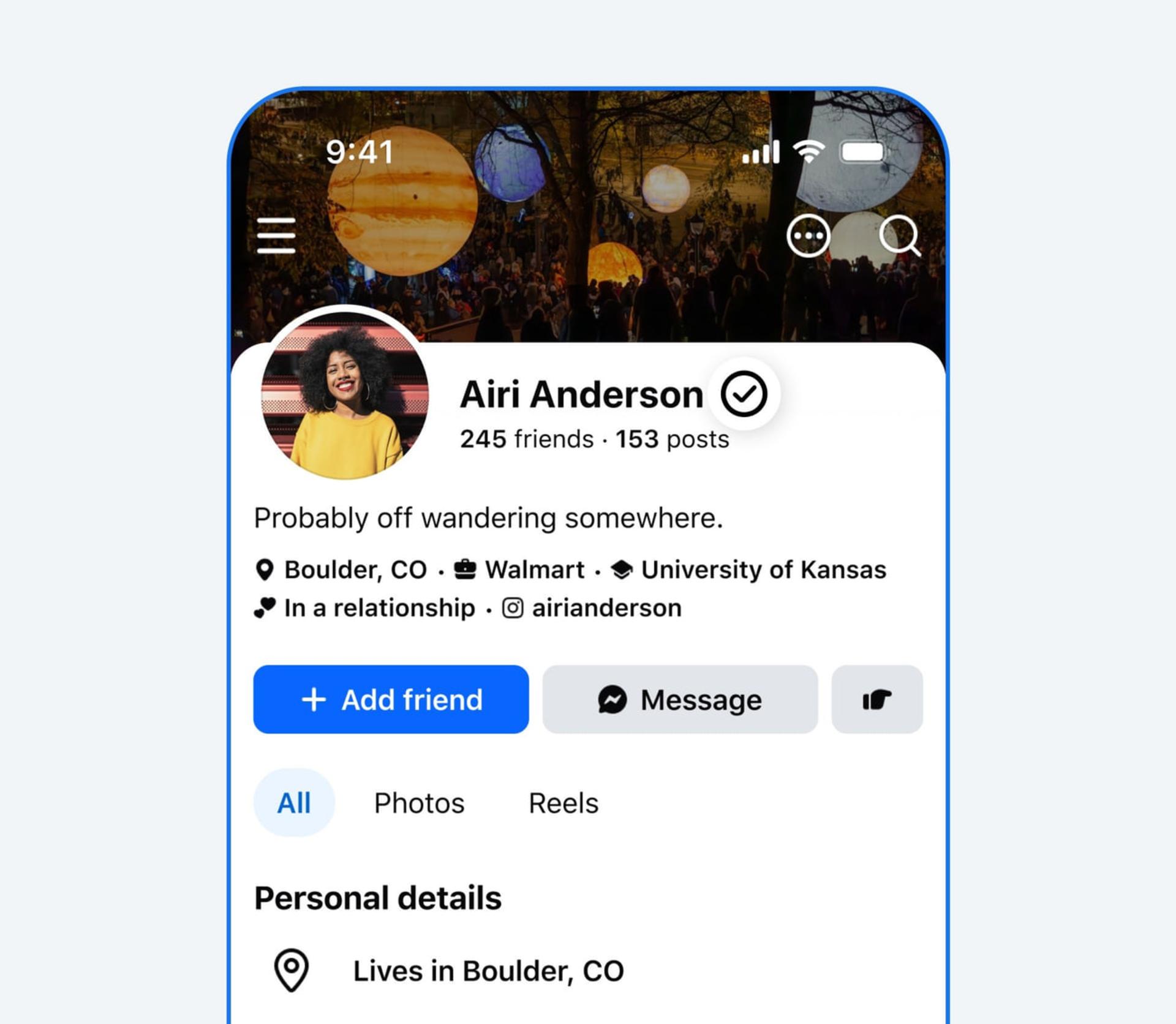 نمای صفحه پروفایل کاربری به نام Airi Anderson در یک اپلیکیشن موبایل با تصویر پروفایل و اطلاعات شخصی