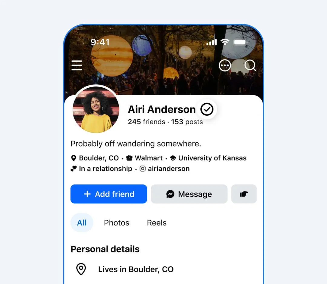 نمای صفحه پروفایل کاربری به نام Airi Anderson در یک اپلیکیشن موبایل با تصویر پروفایل و اطلاعات شخصی
